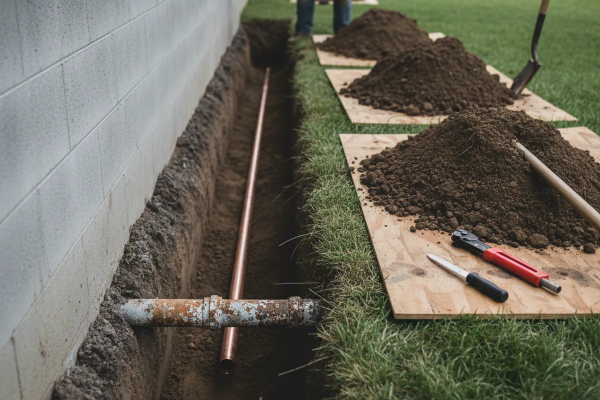 Excavated water line trench during Water Softener Installation in Riverbank